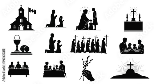 Religious icons depicting scenes of faith worship and christian sacraments in silhouette