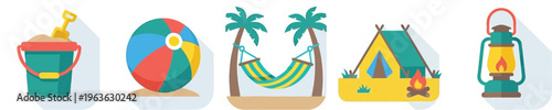 Flat design summer beach and camping icons featuring sand bucket beach ball hammock tent and lantern in minimal geometric vector style