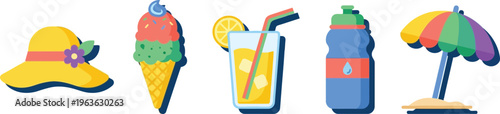 Flat design summer icons featuring sun hat ice cream cone lemonade drink water bottle and beach umbrella in minimal geometric vector style
