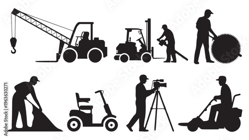 Construction Workers Silhouette with Heavy Machinery Industrial Site Vector