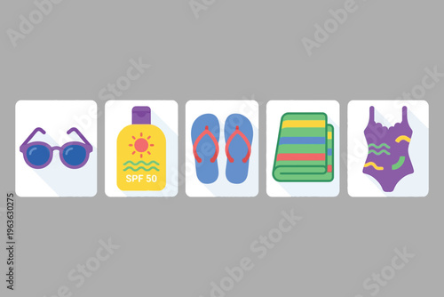 Flat summer beach icon set with sunglasses sunscreen flip flops towel swimsuit minimal vector ui design