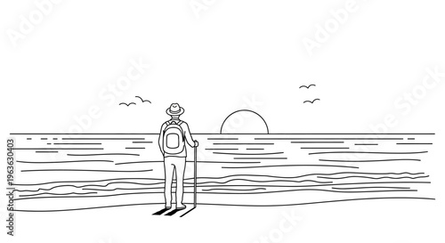Monochrome line art illustration of a traveler with a backpack on a beach watching a tranquil ocean sunset.