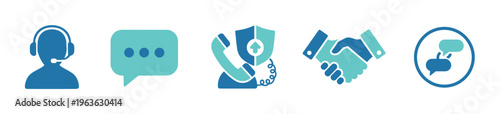 A set of modern flat icons for customer service and communication. Includes headset, chat, secure call, and handshake symbols. Ideal for business, support, and web design concepts.