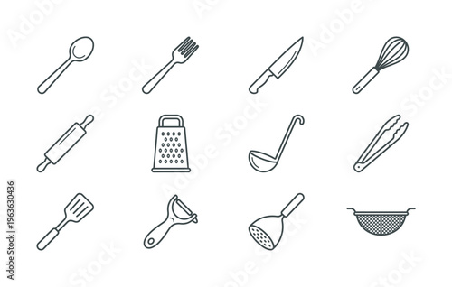 A set of kitchen utensil line icons for cooking and food preparation. Minimalist vector illustration for web, menu, or app design. Includes spoon, fork, knife, and whisk.