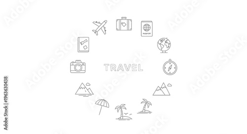 Travel and Vacation Icons Collection in Circle Layout - Outline Design for Tourism, Journey, Adventure, and Exploration