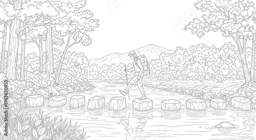 Outdoor adventure line art: hiker crossing a river on stepping stones in a scenic forest landscape with mountains.