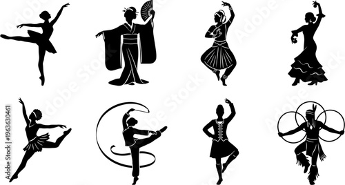 Collection of diverse dancers in silhouette, showcasing various dance styles and cultural attire.