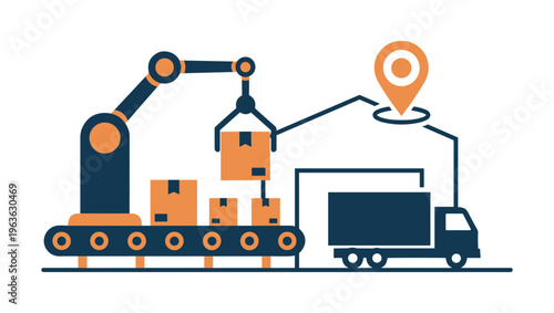 Vector icon of logistics automation. A robotic arm on a conveyor belt loads a truck, symbolizing supply chain, order fulfillment, and smart factory delivery process.