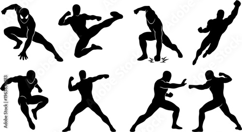 Collection of eight black superhero silhouettes in dynamic action poses, showcasing martial arts and combat stances.