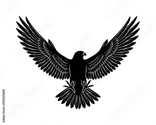 A powerful black eagle or falcon silhouette with spread wings. This majestic bird of prey vector illustration is perfect for a logo, emblem, or symbol of freedom and strength.