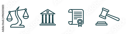 Set of law and justice vector icons. Includes scales, courthouse, legal document, and gavel. Minimalist line art for legal services, websites, and presentations. Justice concept.
