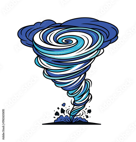A powerful blue tornado illustration in a dynamic cartoon style. This vector graphic depicts a destructive cyclone, ideal for weather warnings, climate change concepts, or comics.