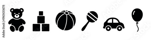 Set of simple black icons for kids. A collection of toy symbols like a teddy bear, blocks, ball, rattle, car, and balloon. Vector elements for baby and childhood themes.