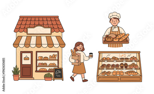 A cute vector illustration set of a bakery shop. Includes a storefront, a baker with fresh bread, a customer, and a pastry display case. Perfect for cafe or food themes.