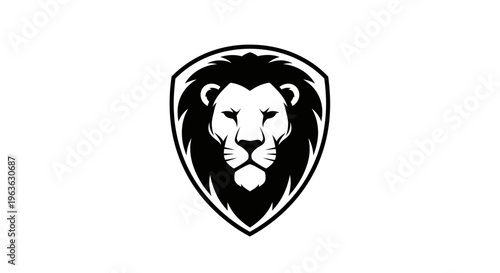 Majestic lion head inside a classic shield emblem illustration in black and white, symbolizing strength, courage, and leadership.