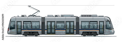 Modern urban electric tram vector for public transportation. Detailed side view of a light rail vehicle illustration, perfect for city transit and infrastructure design concepts.