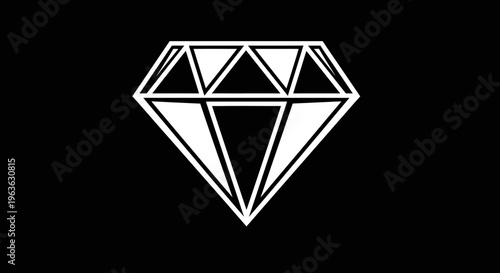 Geometric white diamond illustration on black background. Modern vector symbol of luxury, precious gem, jewelry, wealth, and elegance.