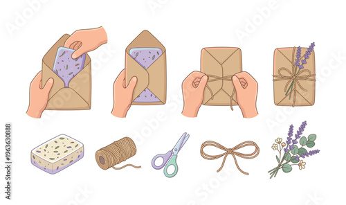 Illustrated tutorial showing hands wrapping handmade soap with craft paper, twine, and lavender. A vector set for DIY gifts, small business packaging, or crafting guides.