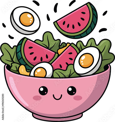 Cute kawaii salad bowl with watermelon and boiled eggs