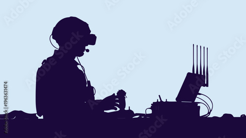 Military drone operator silhouette with VR headset and joystick, soldier controlling remote surveillance system, tactical uav pilot vector