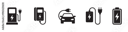 Electric Vehicle EV Charging Station Icons for Eco Friendly Transport. Vector Illustration.