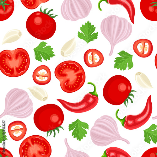 Seamless pattern with tomatoes, chili peppers, garlic and spices. Food background. Vector cartoon flat illustration.