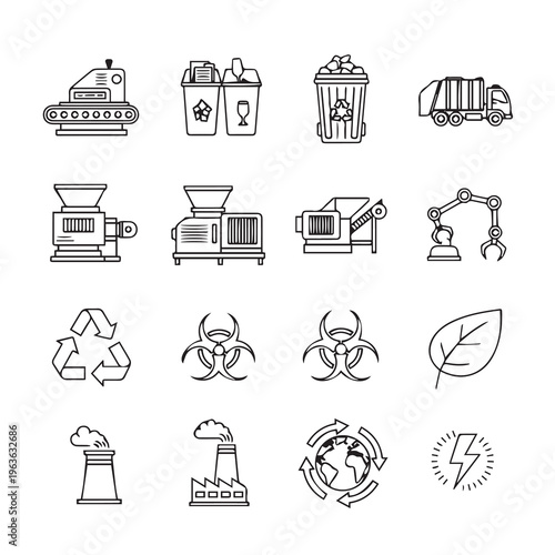 Recycling Plant Icons: Conveyor Bins Truck Crusher Robot Arm Biohazard Leaf Factory Globe Energy