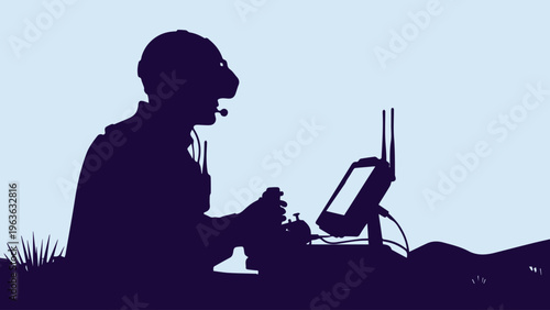 Military drone pilot silhouette, soldier operating remote control station with screen, tactical uav operator in field gear, vector illustration