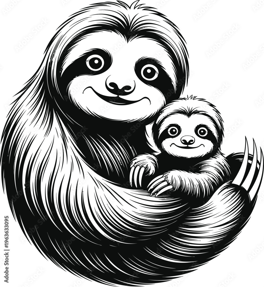 Naklejka premium Cute sloth mother holding her baby, black and white vector illustration of a sloth parent and child, stylized animal art for design and print