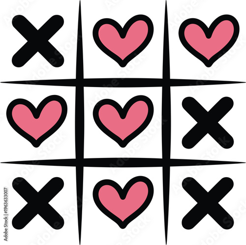 Tic tac toe game with hearts and crosses, romantic love concept, valentines day design element, vector illustration
