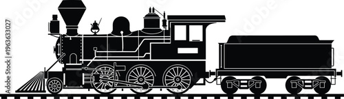 steam locomotive train silhouette flat vector illustration, vintage railway engine design, classic transportation concept, isolated on white background