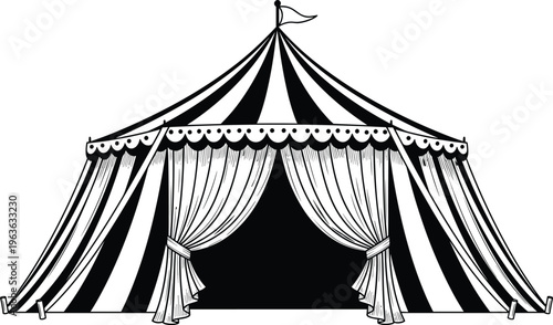 Vintage circus tent vector illustration, cad drawing style, black and white striped carnival marquee, classic festival design, retro entertainment concept, isolated