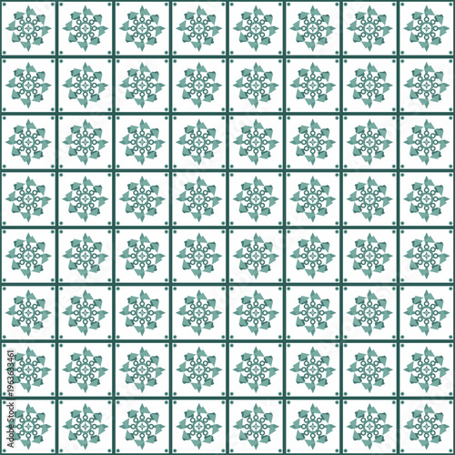 Seamless pattern with geometric floral motifs in square tiles, featuring a repeating decorative design in fresh teal and white, perfect for modern backgrounds, elegant wallpapers, fabric