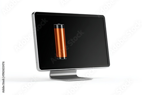 A conceptual shot featuring a modern monitor, the screen displaying a battery cell, symbolizing energy and power, is isolated, offering a creative take on technology and innovation.
