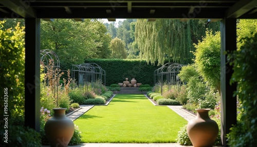 Lush green garden path framed by dark structure leading to decorative vases and floral beds. Arbors line the walkway through a serene, manicured landscape.