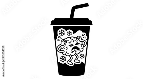 Minimalist Soda Cup with Brain Freeze Cartoon Line Art, Monochrome Vector Illustration of Summer Humor