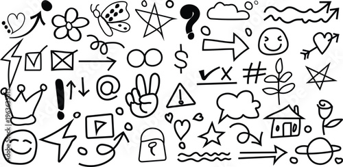 Hand Drawn elements sketch symbol vector illustration with speech bubbles. Trendy hand drawn freestyle doodle set with playful symbols, icons, and signs