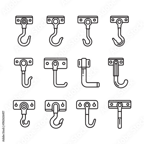 Various Ceiling Hook Designs with Mounting Plates Line Art Illustration Industrial Hardware Collection