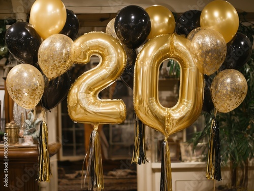 Celebration With 20 Balloons and Decorations in a Cozy Indoor Space During a ...
