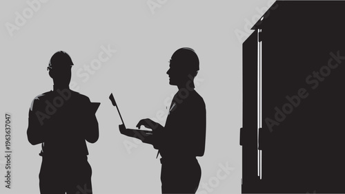 Industrial engineer silhouette with laptop and hard hat, professional technicians working in factory, construction site workers vector illustration