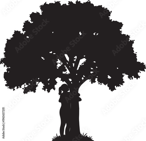 Silhouette of woman hugging large leafy tree trunk in outdoor park setting representing environmental love nature protection and green sustainability.