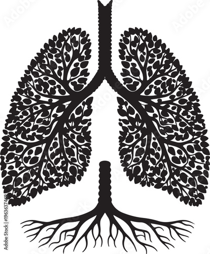 Human lungs shaped as tree with leaves and roots silhouette for respiratory health medical awareness and clean air environmental protection designs.