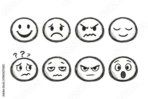 Collection of hand-drawn emoticons expressing various emotions and feelings