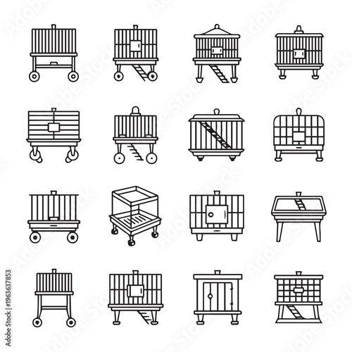 Various Pet Cages Collection Different Styles Line Art Icons Isolated on White Background Minimalist Design