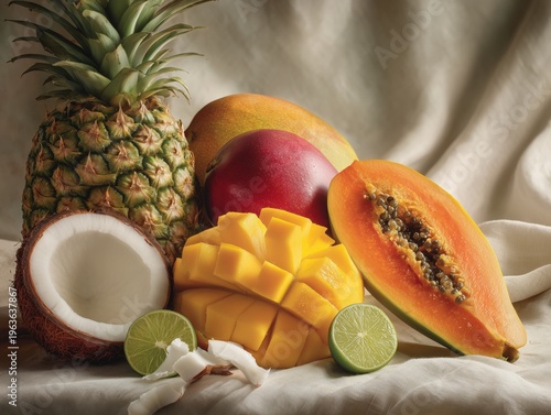 Fresh Tropical Fruits Arranged on a Cloth Background at a Kitchen Setting in ...
