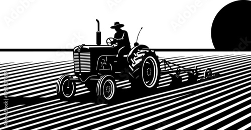 Silhouette illustration of farmer driving tractor with plow in field, agriculture scene, rural farming design, isolated vector art