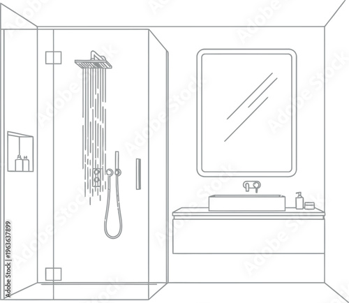 Line art illustration of a modern bathroom interior featuring a glass shower enclosure and a vanity with a sink and mirror