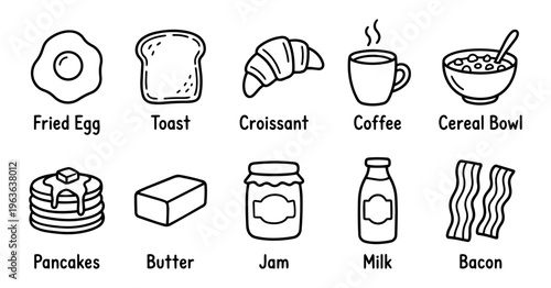 Naive folk art breakfast food icon set, 10 hand drawn outline vector illustrations with labels in grid