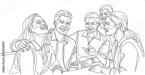 Continuous line art drawing capturing a diverse group of five friends laughing and sharing joyful moments together in close proximity