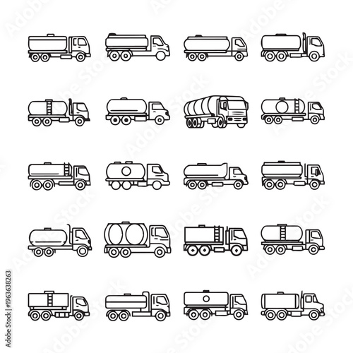 Various Tanker Truck Designs Outline Icons Transportation and Logistics Concepts Simple Vector Graphics